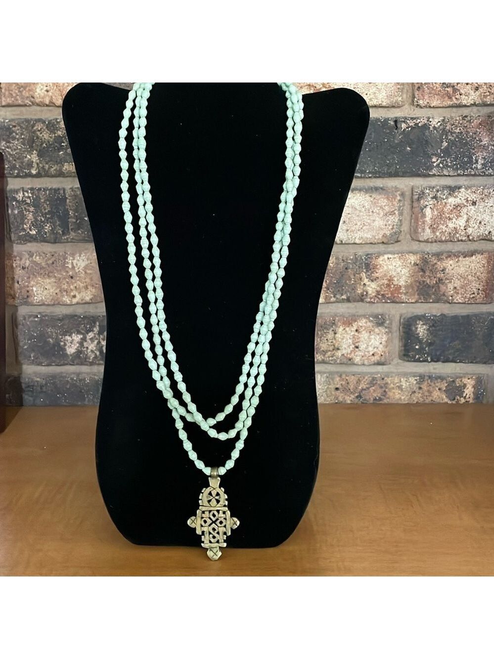 Akola "Dynamic Demi" Light Green Paper Pearl Gold Tone Coptic Cross Neck…